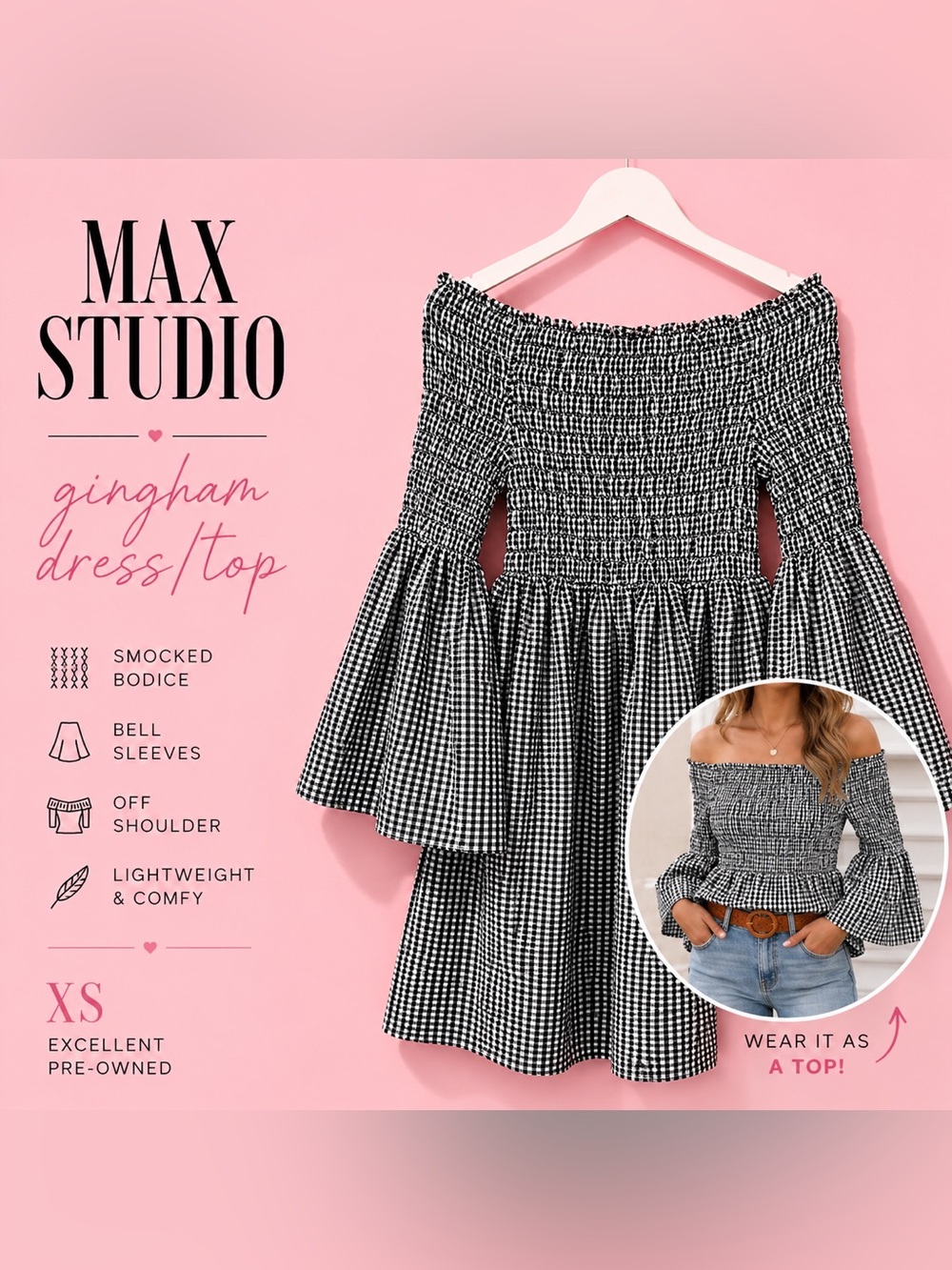 Max Studio Gingham Convertble Off Shoulder Smocked Bell Sleeve Dress or long Top